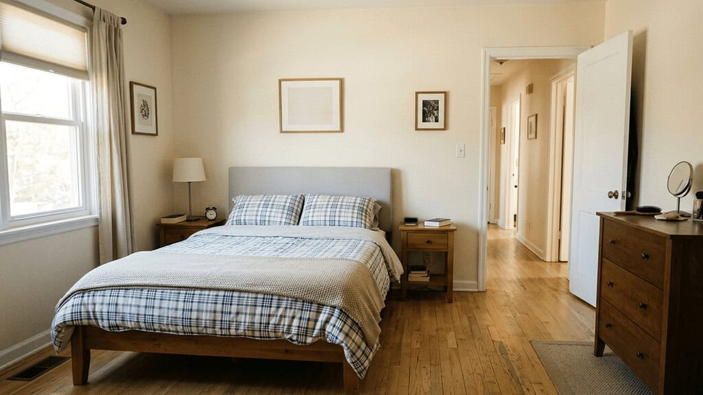A bedroom in a modest average American home with a clear open path from the bed to the doorway and nothing on the floor in soft natural light
