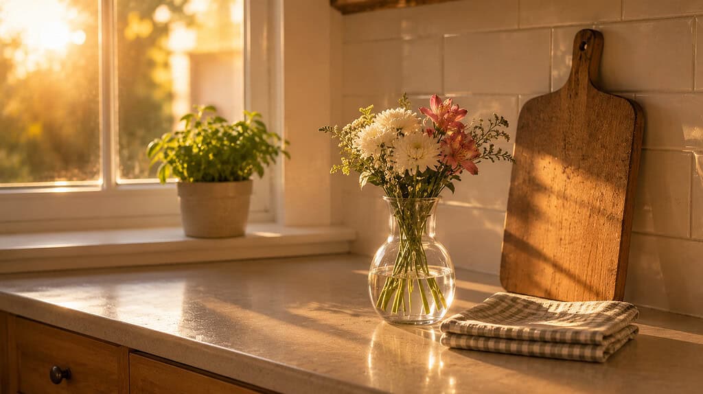 A clear kitchen counter at the end of the day with a single vase of fresh flowers a folded dish towel and warm golden light from a window