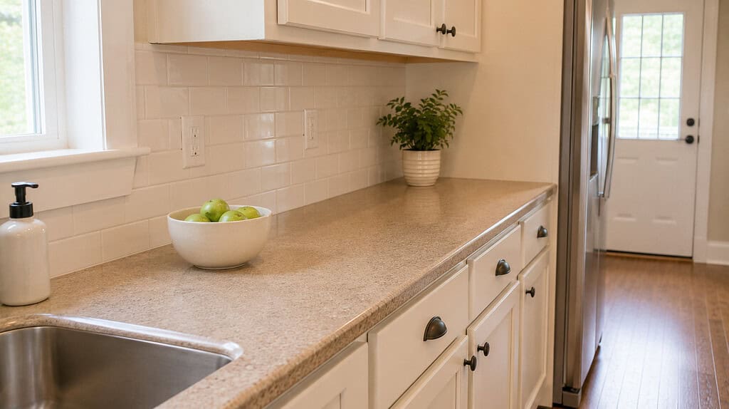 A plain everyday kitchen counter in a modest American home completely clear of paper and clutter with only a simple bowl on the surface in bright natural light