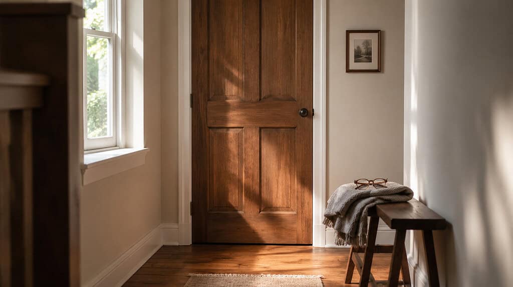 A closed wooden door in a hallway with a small wooden bench in front holding a folded gray blanket and reading glasses with a framed picture on the wall and soft natural light from a window