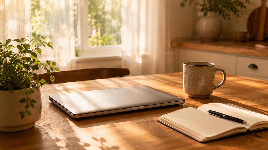 A closed silver laptop on a wooden kitchen table with a ceramic coffee mug beside it and morning light filtering through a curtained window