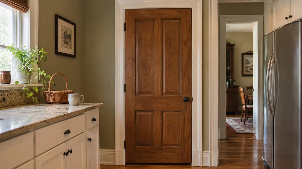 A closed wooden pantry door in a home kitchen with a woven basket and a ceramic coffee mug on the counter beside it in warm morning light