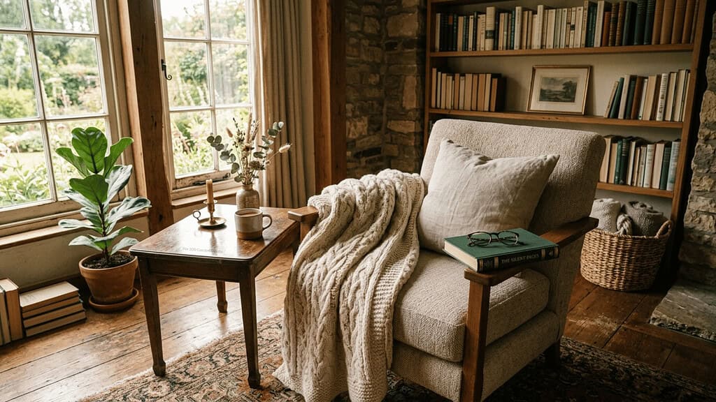 A cozy sunlit reading nook with a soft armchair, a folded throw, and a closed book on the armrest