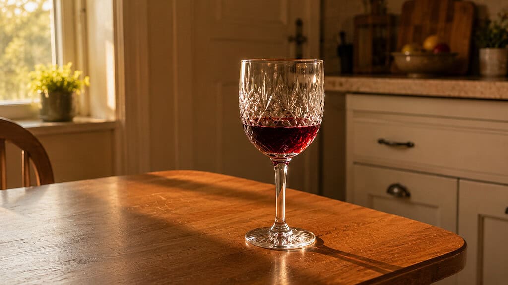A single crystal wine glass filled with red wine sitting on a plain kitchen table with soft warm late-afternoon light coming through a nearby window