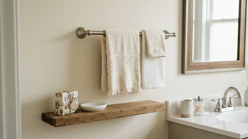 Neatly folded decorative hand towels hanging untouched on a towel bar in a plain American bathroom beside a still-wrapped decorative soap bar