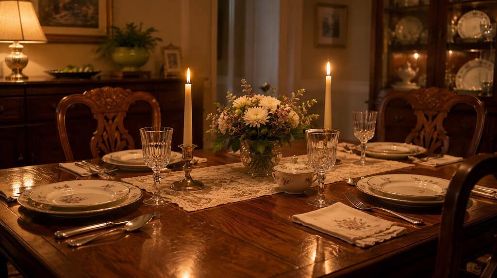 A modest dining table set with china plates and two lit candles casting warm golden light as if a quiet family dinner is about to begin