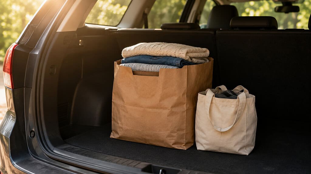 A folded brown paper bag containing clothes resting in the open trunk of a car with sunlight streaming through the back window