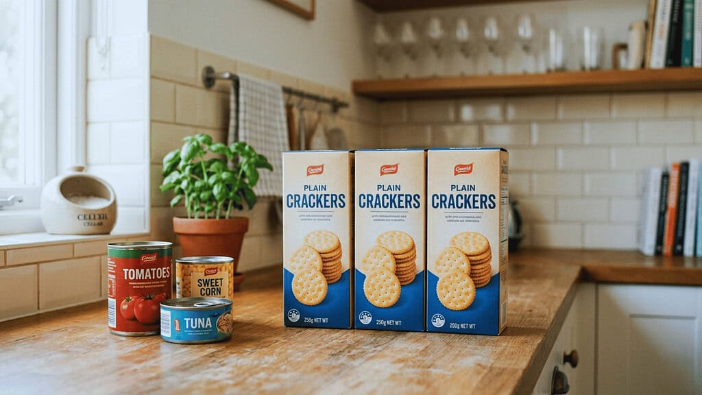 Three similar boxes of crackers standing together on a kitchen counter beside a few cans in bright natural light