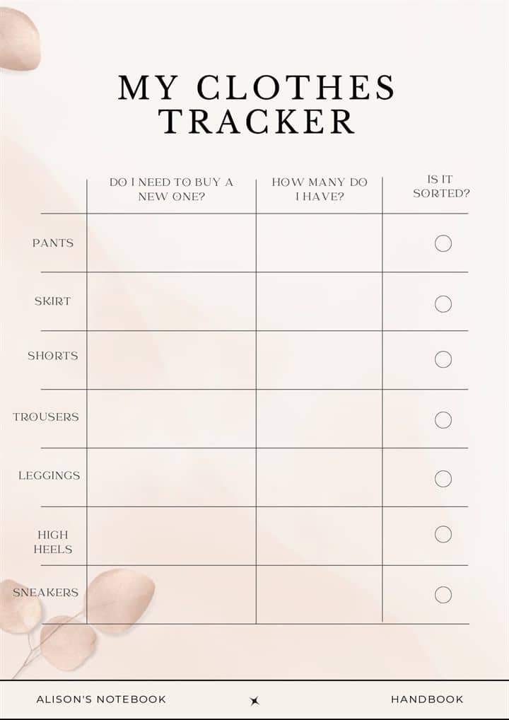 The Clothes and Accessories Tracker — sample page from the handbook