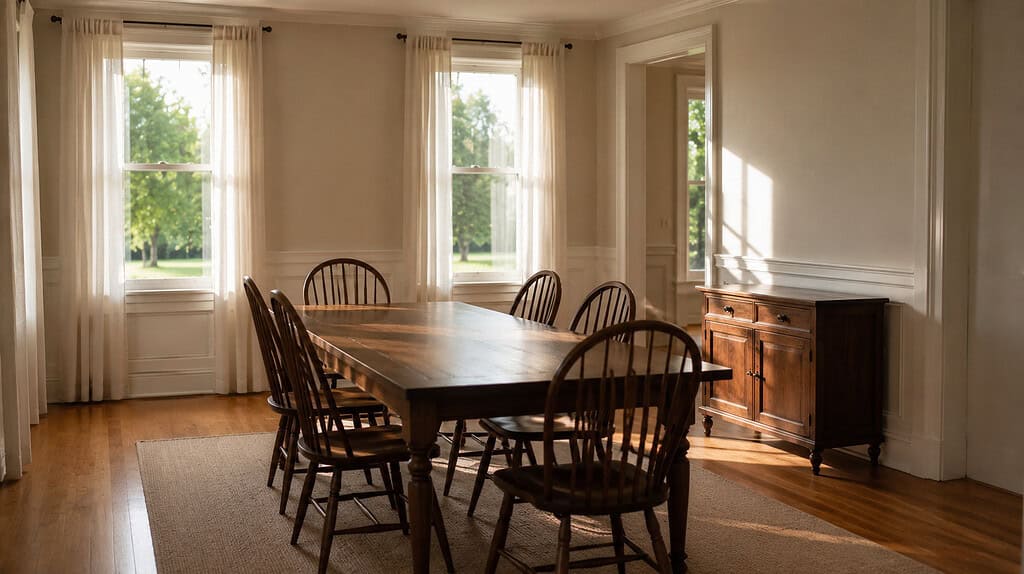 An empty formal dining room with a wooden table and matching wooden chairs sheer white curtains on tall windows a wooden sideboard against the wall and natural light streaming through