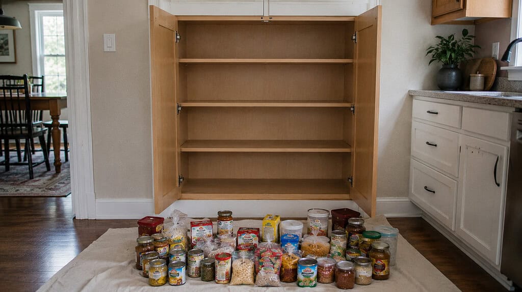 An open kitchen cabinet emptied of its contents with the items grouped together on a light cloth on the floor below in soft daylight
