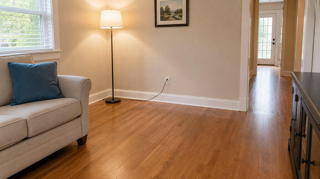 A basic floor lamp in the corner of a modest everyday American living room with its cord along the baseboard and the floor completely clear in warm natural light