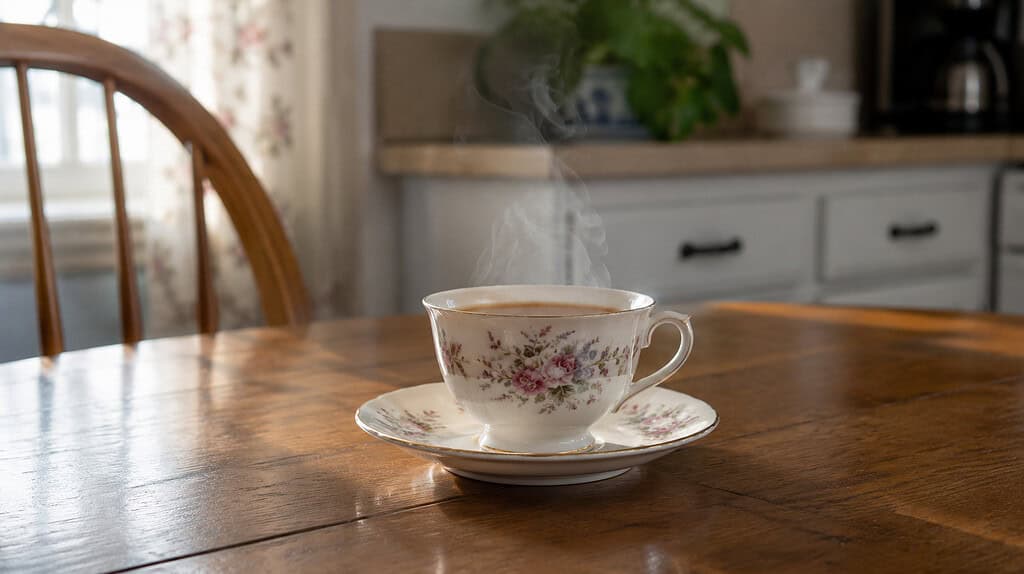 A delicate floral teacup with saucer on a plain wooden kitchen table in soft morning light with gentle steam rising from the tea inside