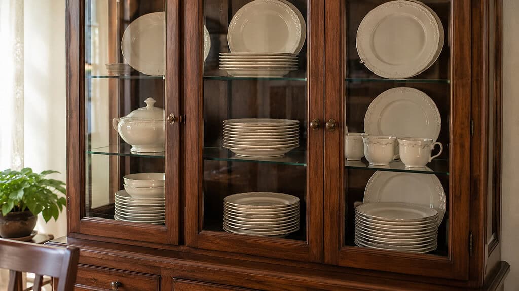 A full set of white china plates neatly stacked inside a closed glass-front cabinet in a modest American dining room sitting undisturbed and unused