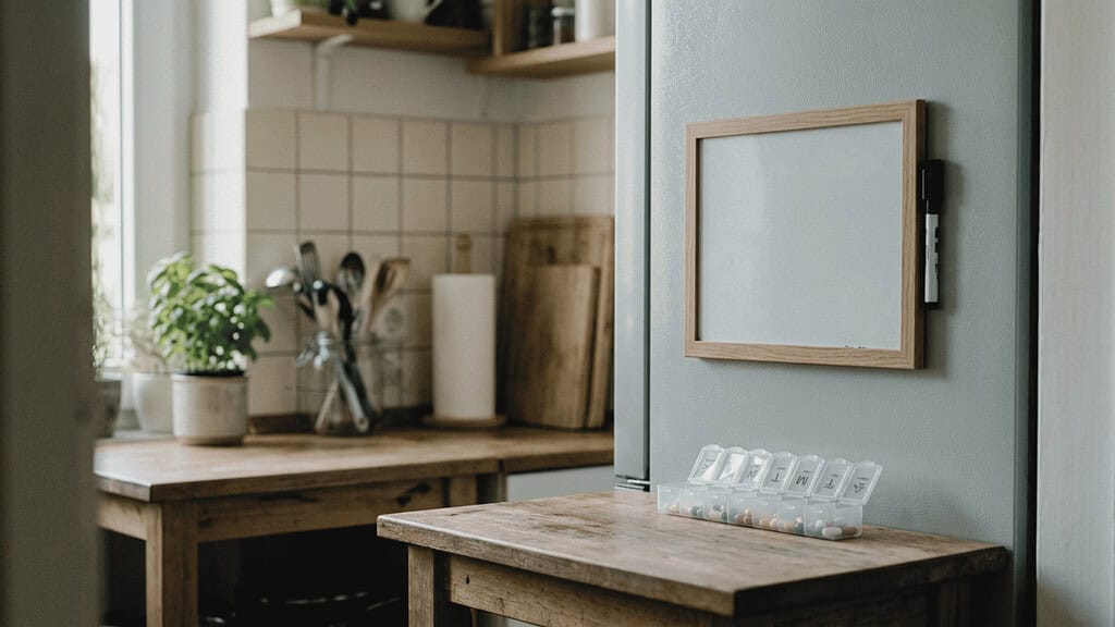 A small whiteboard beside a refrigerator with a weekly pill organizer on the counter below
