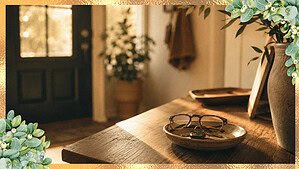 A pair of reading glasses and keys resting in a small dish on a warm, sunlit entryway table