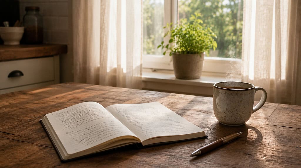 An open lined notebook with handwritten notes on a wooden kitchen table beside a wooden pen and a steaming ceramic mug with a small potted herb on the windowsill behind in morning light