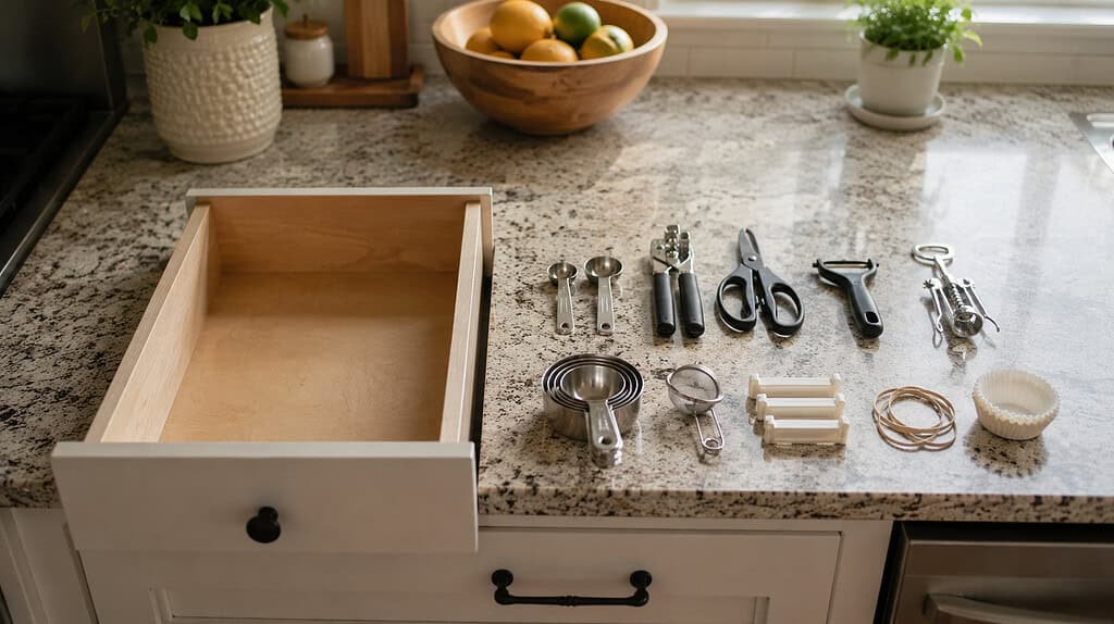 The contents of one small drawer laid out neatly on a kitchen counter with the empty drawer sitting open beside them in bright light
