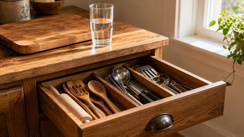 A single kitchen drawer pulled open showing a few utensils neatly arranged in dividers with a wooden cutting board and a glass of water on the counter above it