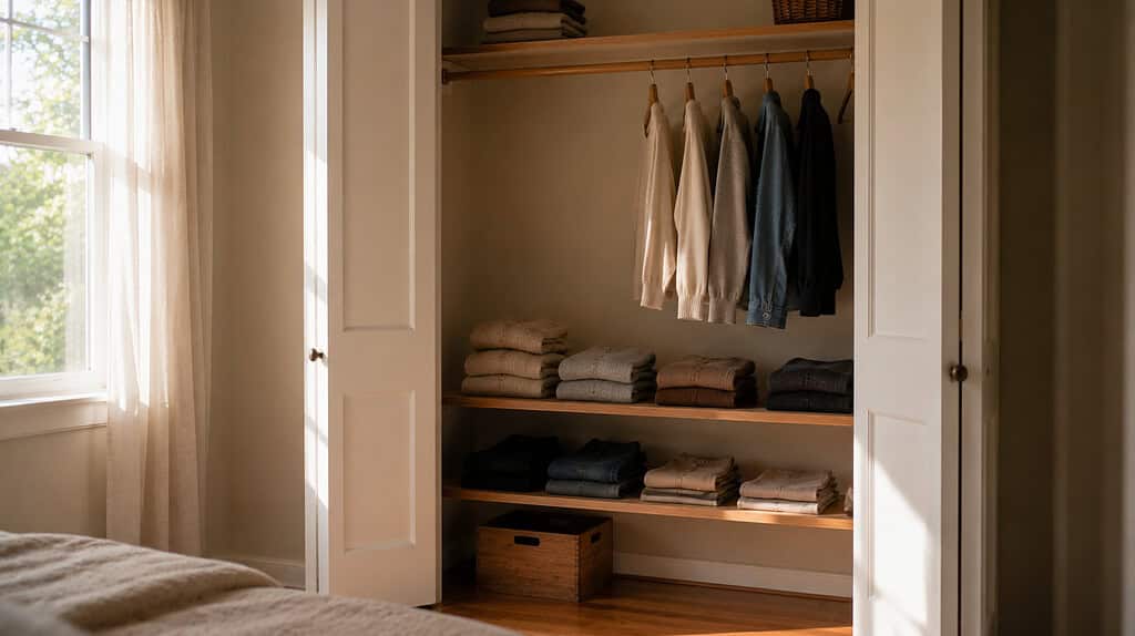 An open built-in closet showing neatly folded sweaters and jeans on wooden shelves with cream gray and denim sweaters hanging from a rod above and a small wooden crate at the bottom in soft natural light from a bedroom window