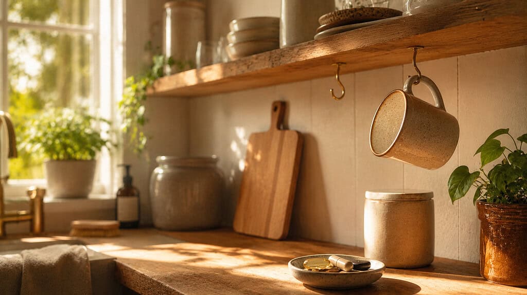An open kitchen shelf with a mug on a hook and a small dish of vitamins on the counter