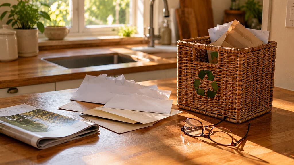 Several opened envelopes and a magazine resting on a wooden kitchen counter next to a small recycling bin with morning light from a window