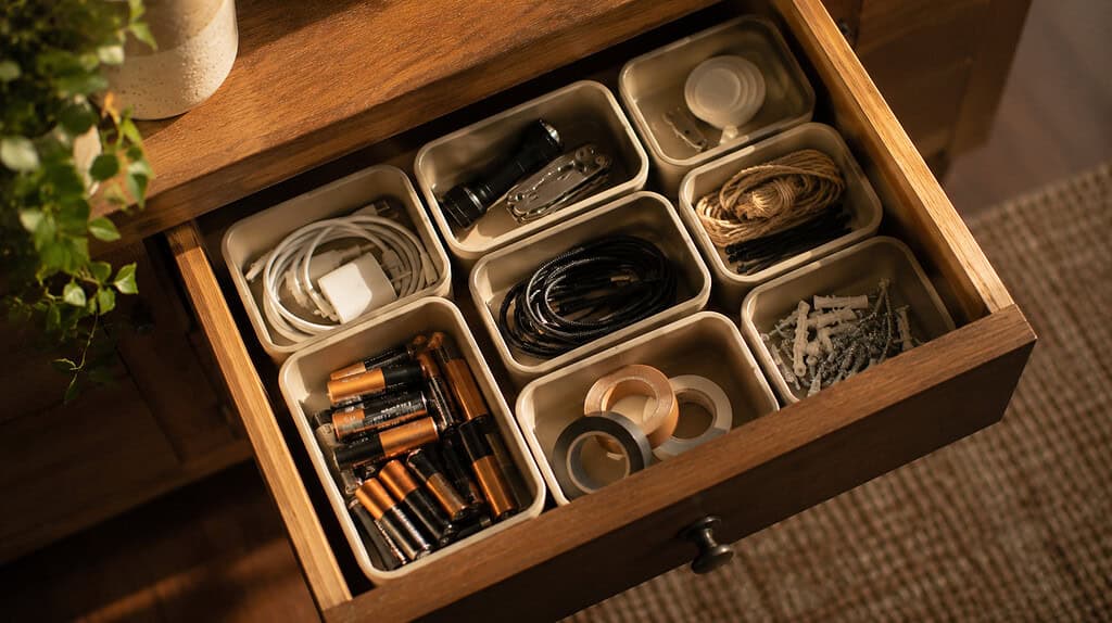 An overhead view of a drawer divided into matching bins for batteries, cords, and tape