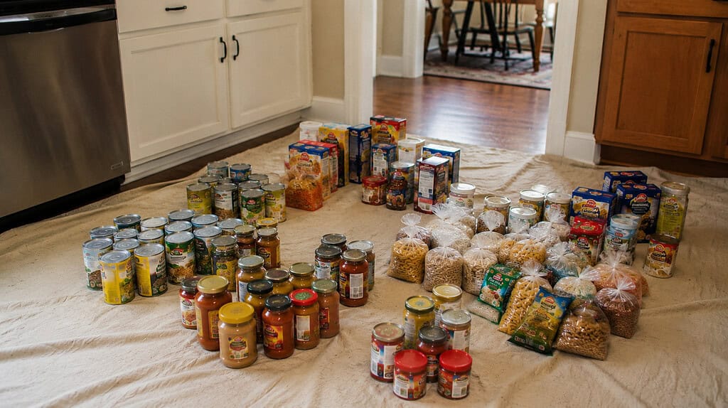 Pantry food items spread on a bedsheet on a kitchen floor partly sorted into separate groups of cans boxes and jars in bright daylight