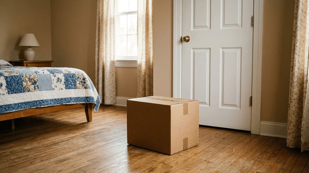 A single plain cardboard box sitting on the wooden floor of a spare bedroom near a closed closet door with soft afternoon light coming through a window