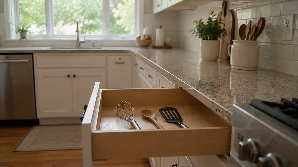 A single open kitchen drawer with a few utensils inside in a calm uncluttered kitchen with a window in the background in daylight
