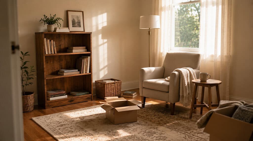 A bright spare bedroom in the middle of being reorganized with a wooden bookshelf partially filled with books a small upholstered reading chair with a folded throw blanket a floor lamp and an open cardboard box on the floor in warm afternoon light