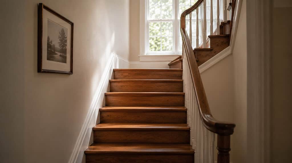 A wooden staircase with a polished handrail leading up to a landing window with a framed landscape photograph hanging on the wall and soft natural light coming through