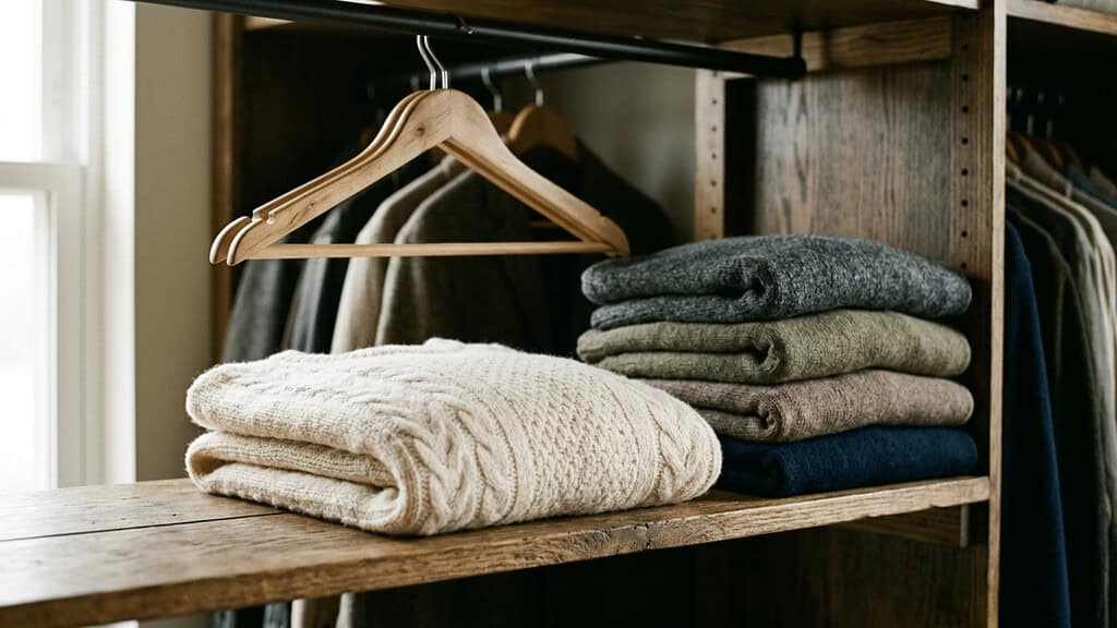 A folded cream-colored wool sweater on a wooden closet shelf with several other folded sweaters stacked beside it and a soft natural light from the side