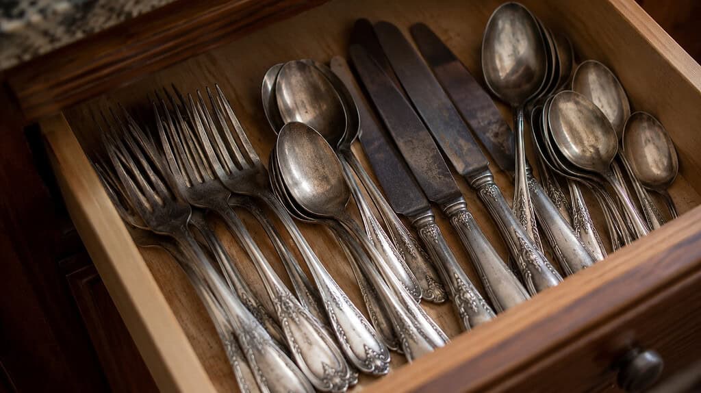 A close-up of silver flatware in a plain wooden drawer visibly tarnished and darkened from years of being stored unused