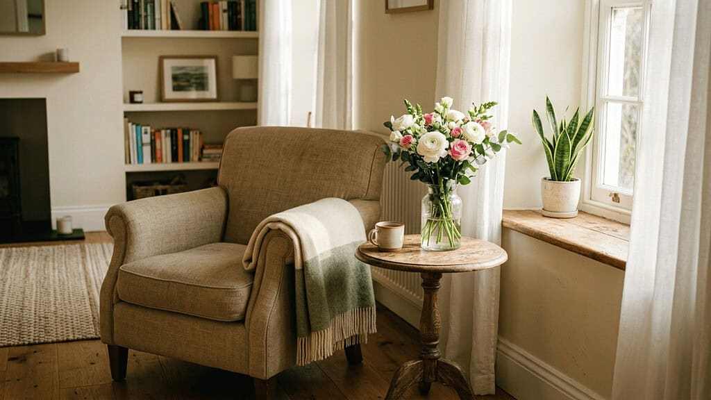 A tidy front room with a vase of fresh flowers on a small wooden table a comfortable armchair with a folded throw blanket and a window letting in warm afternoon light