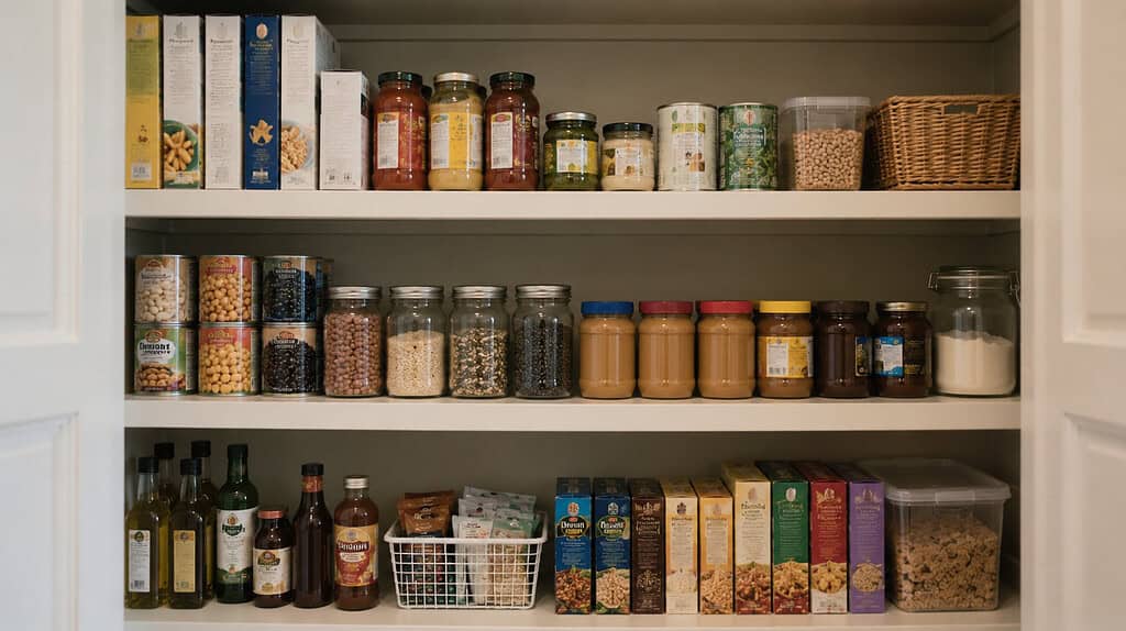 A neatly organized pantry shelf with cans jars and boxes lined up in tidy rows in soft natural light