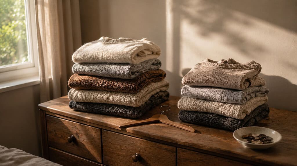 Two stacks of folded knitted sweaters in soft cream gray brown and dark colors on a wooden dresser with a wooden hanger between them and a small dish of buttons beside them in warm afternoon light