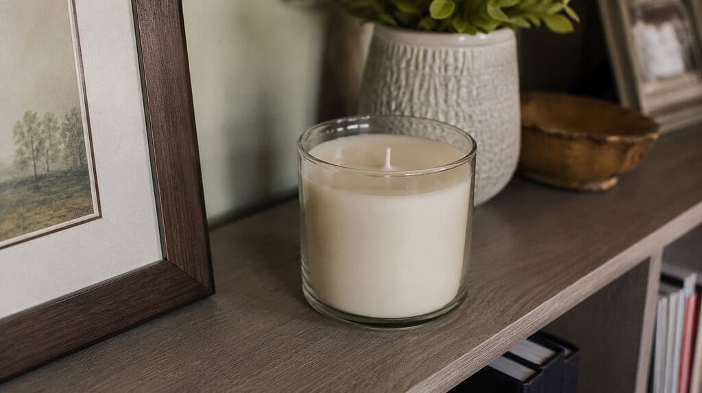 Generate an image of a beautiful candle in a clean glass jar sitting on a shelf in a modest average American home, wick perfectly white and never burned, wax completely flat, as if it has been waiting untouched for a very long time. Natural realistic lighting. Bright and well-lit, not dark or moody. No overlay text. No text. No human being in the image. View 16:9. Grainy quality. Cinematic. No weird looking overly cluttered room.
