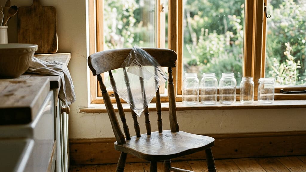 A clean Ziploc bag draped over the back of a wooden kitchen chair to air dry with a row of clean glass jars on the windowsill behind it in soft morning light
