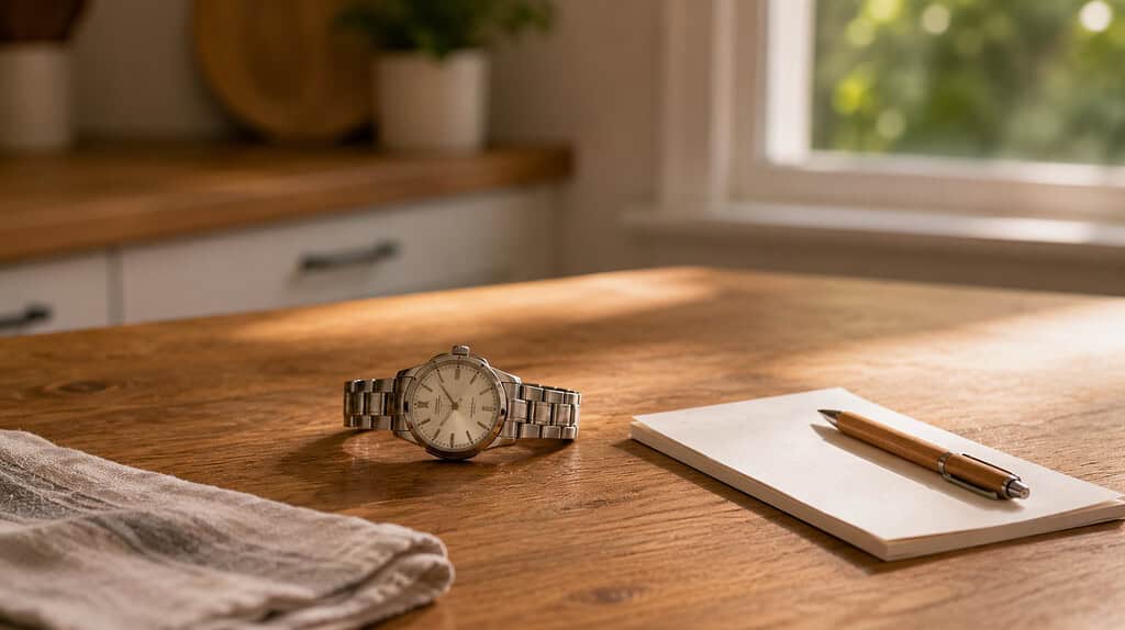A vintage silver wristwatch resting alone on a wooden kitchen table next to a small white notepad and a pen