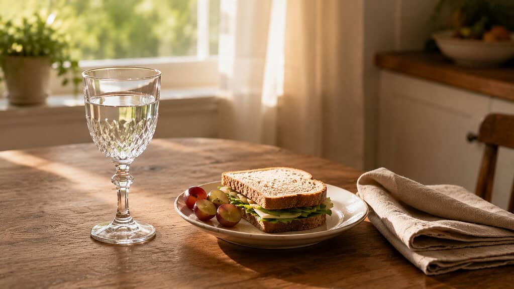 A crystal wine glass filled with water on a wooden kitchen table beside a small white plate with a sandwich and afternoon light through a window