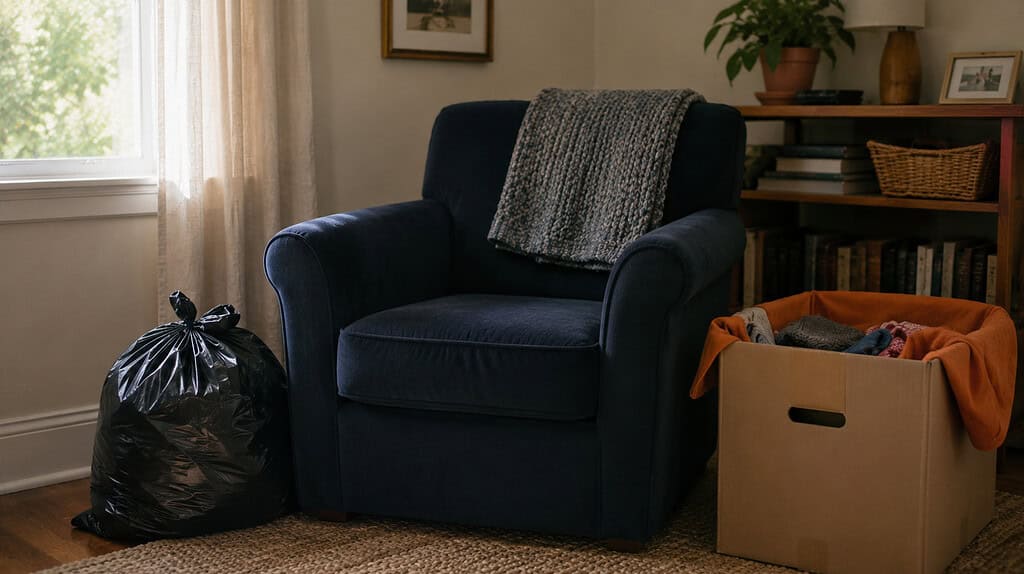 A navy-blue armchair with a black trash bag on one side and a donate box lined with bright orange cloth on the other, both within arm's reach, in soft daylight