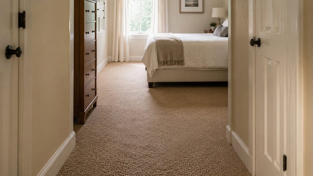 A clear open floor path leading from a bedroom doorway to a neatly made bed with the walkway free of items in soft natural light