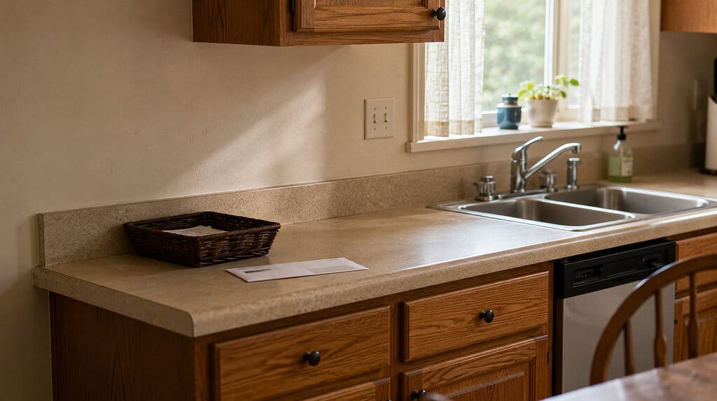 A clean kitchen counter with a small empty mail tray and a single envelope on it in soft daylight
