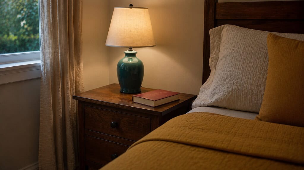 A cleared nightstand with a teal ceramic lamp and a red-covered book beside a bed with a mustard-yellow blanket in soft evening light
