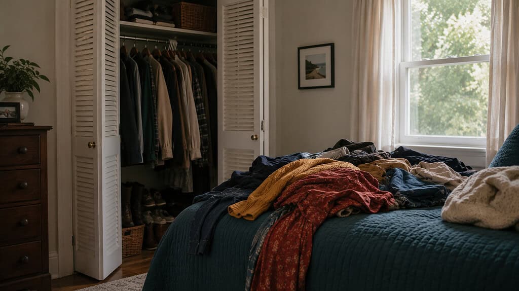An open closet with red, mustard, and navy clothes piled on a bed with a deep teal quilt in soft daylight