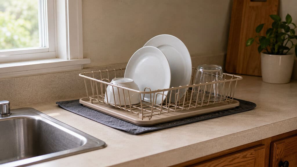 A few clean washed dishes stacked to dry on a simple kitchen drying rack in soft daylight