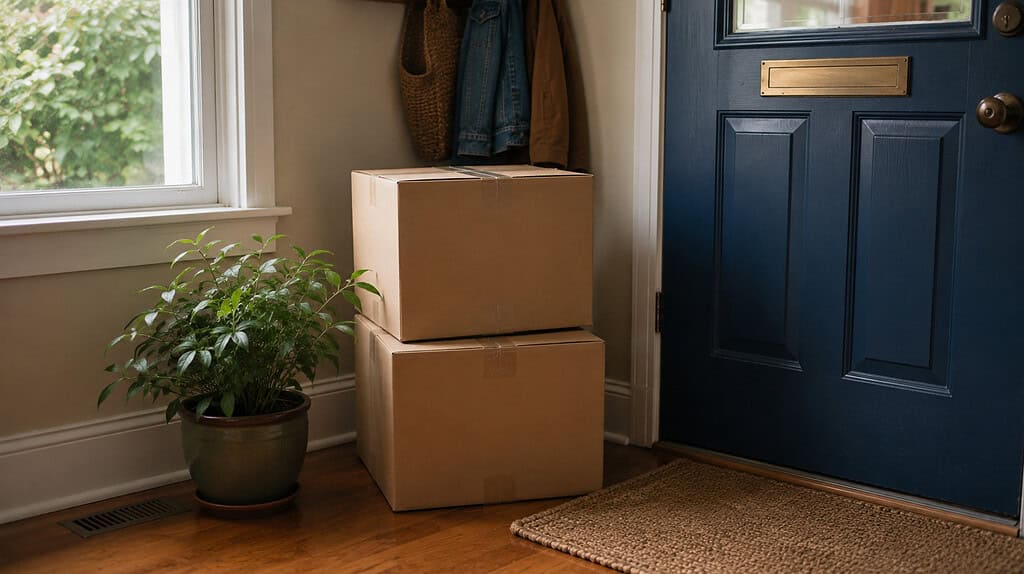 Two sealed cardboard donation boxes stacked beside a cheerful blue front door with a green potted plant nearby in soft daylight