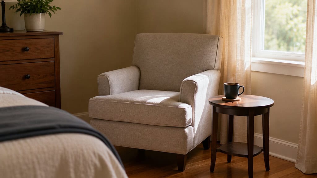 An empty comfortable chair with a steaming coffee mug on a small table beside it and nothing on the chair in soft morning light