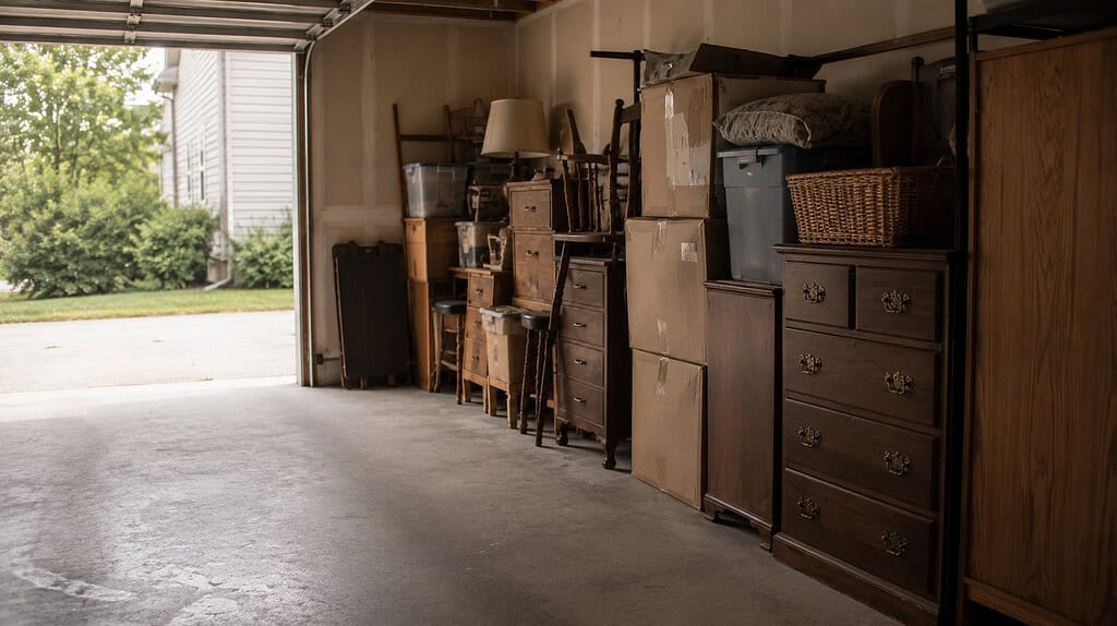 A garage filled along one side with stored furniture and stacked boxes, leaving a narrow empty space where a car would park